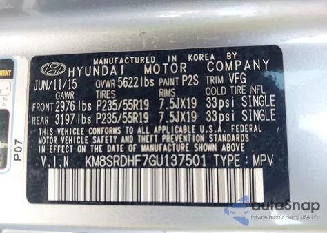 2016 Hyundai Santa Fe Limited from USA, damaged, VIN KM8SRDHF7GU137501